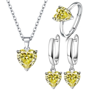 Exquisite silver jewelry set with heart-shaped yellow gemstones necklace earrings and ring