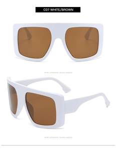 Detailed front and side views of oversized white square sunglasses with brown lenses