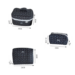 Detailed size measurement of three quilted floral cosmetic bags with blue bow accents