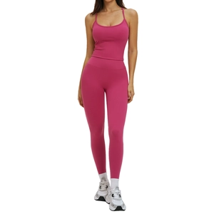 Women's deep pink yoga set with cross back tank top and high waist sports leggings