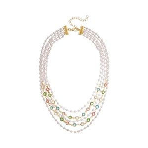 Vintage multi-layer necklace with faux pearls and colorful gemstones on a gold chain