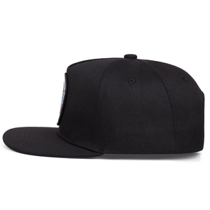 Classic black flat brim hip hop hat with embroidered patch and cotton twill finish