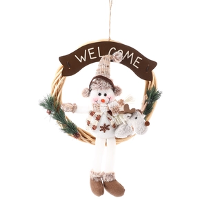 Christmas snowman and reindeer wreath with wooden Welcome sign for home door decor