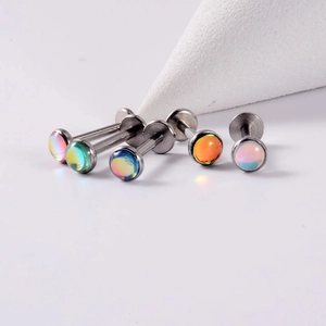 Five colorful opal flat back stud earrings in stainless steel on a white background
