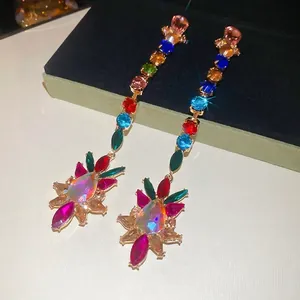 Luxurious multi-color drop earrings with sparkling rhinestones in a gold finish