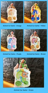 Portable mini car racing game keychain set with cute animal graphics in various colors