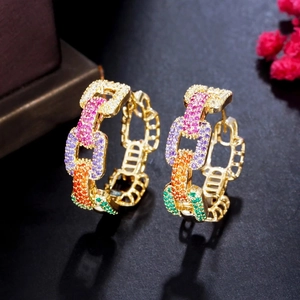 French Elegant Rainbow Zirconia Hoop Earrings For Women Gold Plated Copper Chain Link Colorful Zirconia Earrings Jewelry