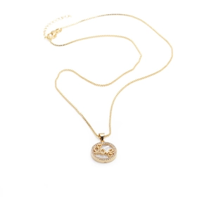 Golden pearl MOM LOVE necklace with CZ diamond frame and box chain on white background
