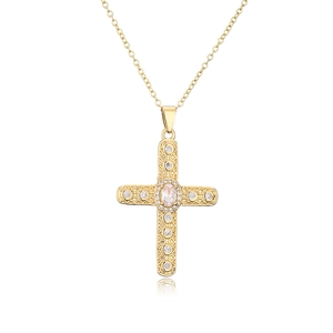 18K gold plated cross pendant necklace with zircon stones on a white background
