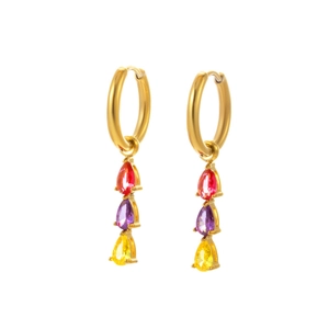 Boucles d'oreilles créoles dorées avec zircons gouttes colorés rouges et violets