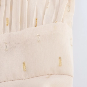 Elegant pleated chiffon maxi dress in beige with subtle metallic gold thread detailing