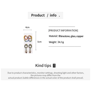 Detail of 6-piece earring set showing dimensions, rhinestones, glass beads, and weights