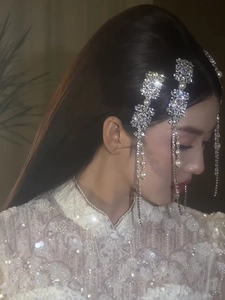 Detail of silver hair clip with sparkling rhinestones, pearls and long tassels