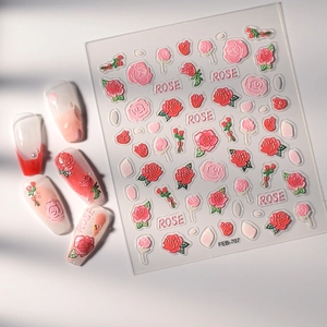 3D rose embossed nail art stickers FEB-707 with floral petals and leaves design
