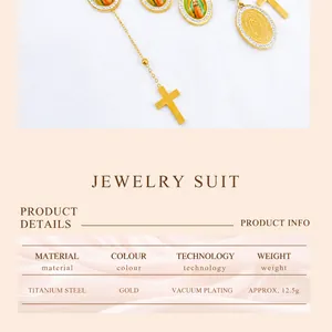 Detail of titanium steel gold jewelry set with PVD plating and Virgin Mary pendant