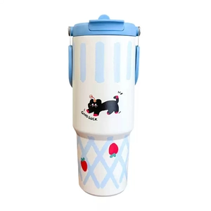 600ml large insulated straw cup with cute cartoon black cat and Good Luck print