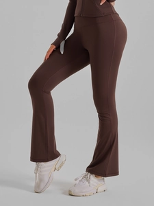 Pantalon de yoga évasé marron foncé à taille haute avec texture sans couture pour fitness