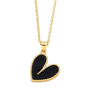 Minimalist gold heart necklace with black onyx pendant and sleek diagonal metal line detail