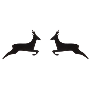 Detailed view of symmetric black deer-shaped stud earrings in a running pose