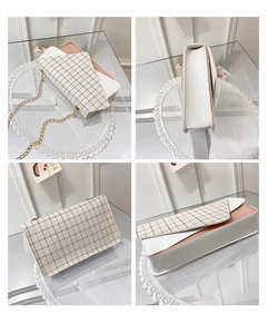 Detailed multi-angle view of a pink patchwork chain crossbody bag with plaid flap details