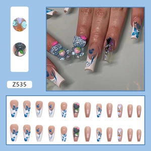 3D cute cat and blue butterfly press-on nails with long ballet trapezoid shape