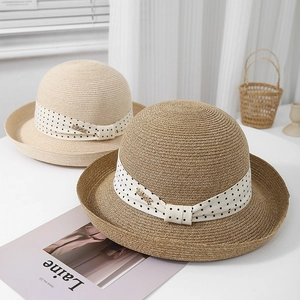 French style polka dot straw sun hat for women with elegant bow and ribbon decoration