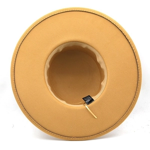 Flat top yellow wool fedora hat with a wide brim and pearl chain for elegant women