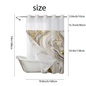 Detailed size chart for marble shower curtain showing 74x71 inch dimensions and sections