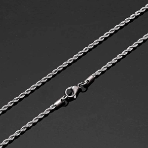 Close-up of polished stainless steel rope chain necklace featuring a secure lobster clasp