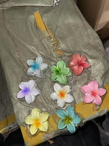 Détail de pinces à cheveux fleur de frangipanier colorées sous emballage individuel