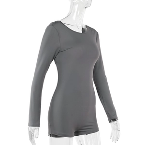 Detail view of dark gray ribbed long-sleeve bodysuit with backless design and slim fit cut