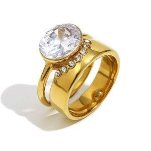 18K gold plated stainless steel ring with a large oval zircon and pavé side stones
