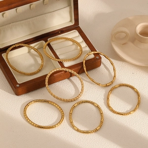 Vintage Bangle Bracelet 18K Gold Plated Stainless Steel Bamboo Joint Round Beads Geometric Design Elegant Jewelry Women