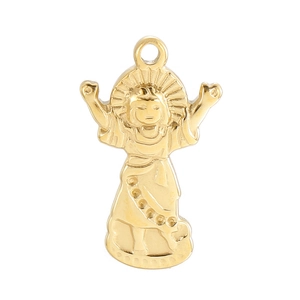Detailed close-up of a golden titanium steel angel pendant with a polished finish