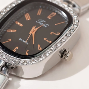Elegant silver square quartz watch with rhinestone bezel and black dial for women