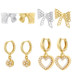 Brass Earrings With Imitation Artificial Pearl Bow Knot Heart Shaped Textured Vintage Elegant Fashion Jewelry For Women