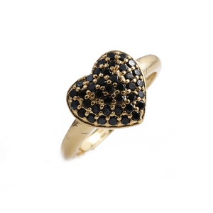 Detail of gold-plated copper ring with micro-paved black zircon heart-shaped centerpiece