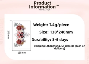 Dettagli tecnici del tatuaggio temporaneo rosa, dimensioni 138x240mm e informazioni sul peso