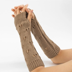 Brown knitted fingerless arm warmers with hollow pattern for winter thermal comfort