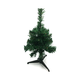 Mini artificial Christmas tree with green needles and stable black tripod stand base