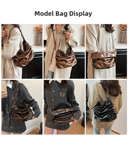 Detailed views of a dark brown pleated hobo bag worn as an underarm and crossbody bag