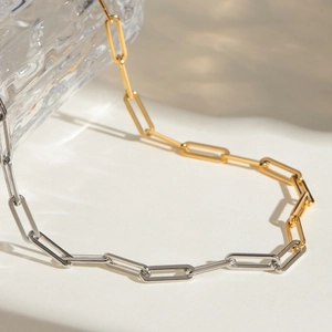 Two-tone gold and silver paperclip chain necklace with high-polish stainless steel finish
