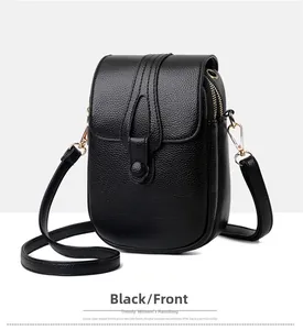 Front view of black litchi pattern leather phone bag with gold hardware and snap button