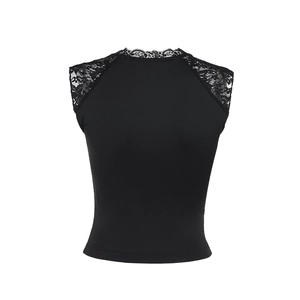 Detail of black tank top featuring delicate lace splicing along the neckline and shoulders