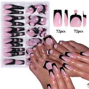 Set de uñas postizas francesas rosas y negras para manos y pies con 72 piezas cada
