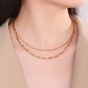 Detail of 18K gold-plated titanium steel double layer necklace on female model