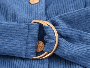 Macro detail of blue corduroy fabric featuring a gold metal belt buckle and textured button