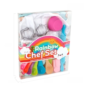 Rainbow Chef Set with colorful measuring spoons and baking tools in a display box