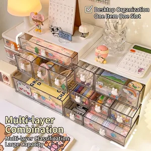 Desktop Drawer Storage Box Stackable Transparent Plastic Cute Rabbit Handle Stationery Makeup Organizer Office Home