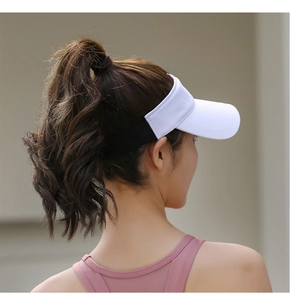 Detail of white sun visor hat with black elastic strap for outdoor tennis and running